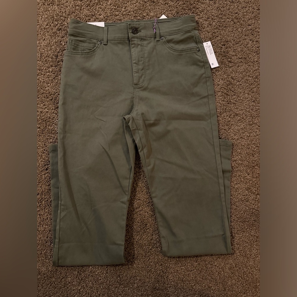 Olive green classic rise, tapered leg, stretch jean